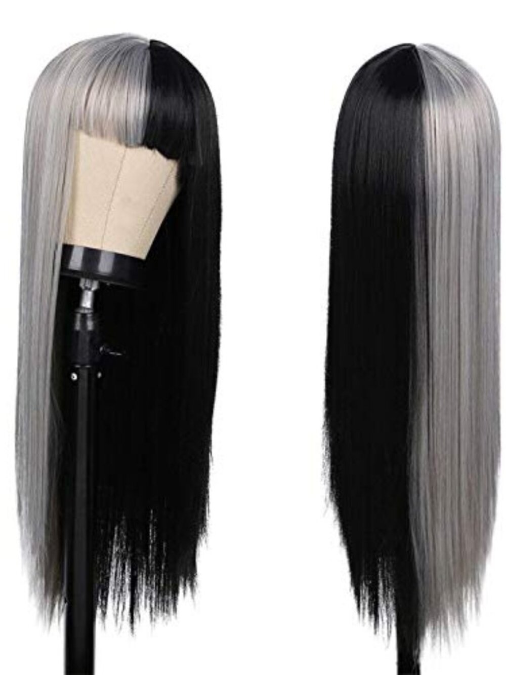 Half Grey Half Black Wig for Women Long Straight Hair with Bangs Soft Natural‎